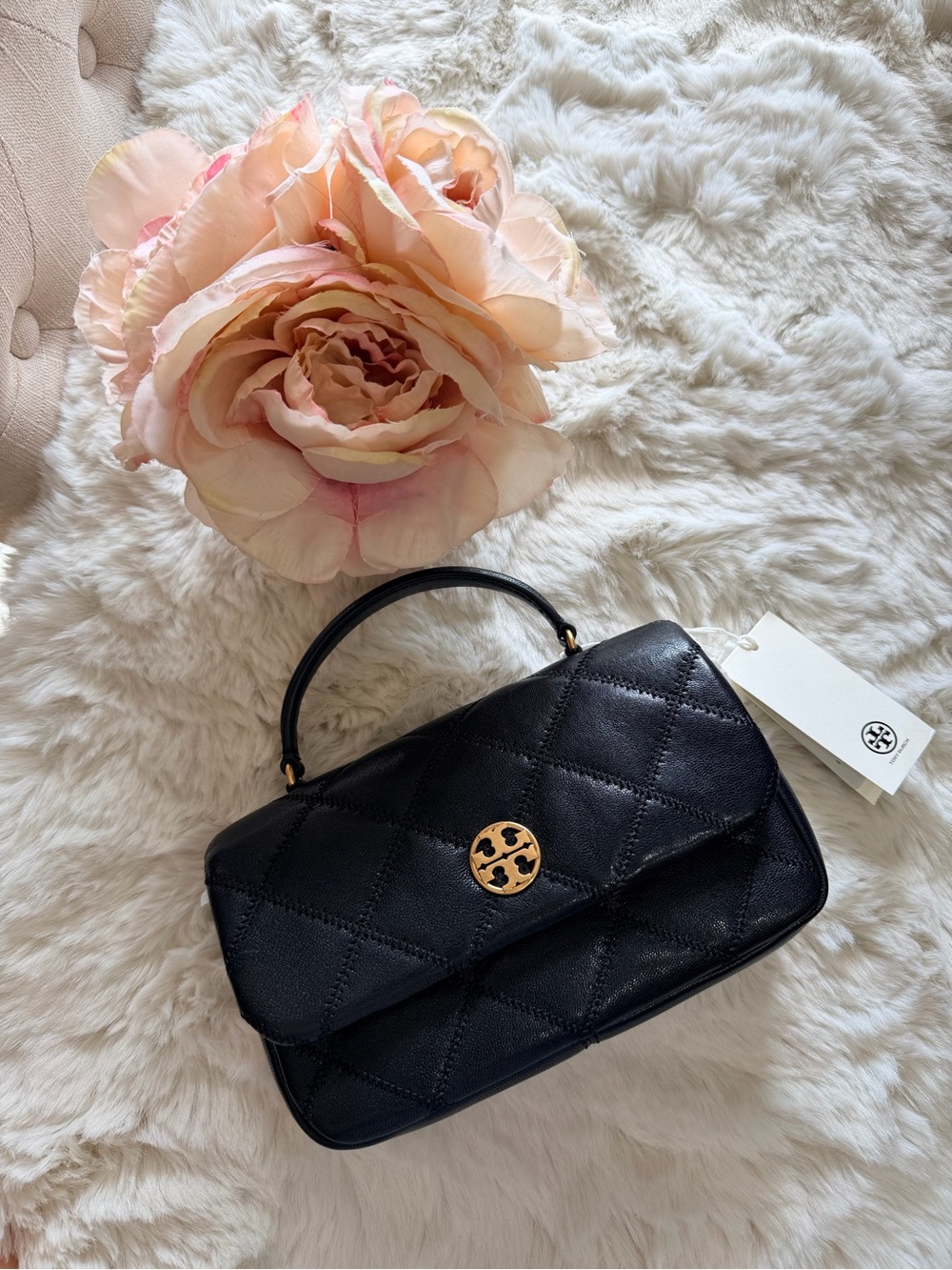 Tory Burch Black Quilted Mini Top-Handle with Gold Logo - Picture 1 of 4